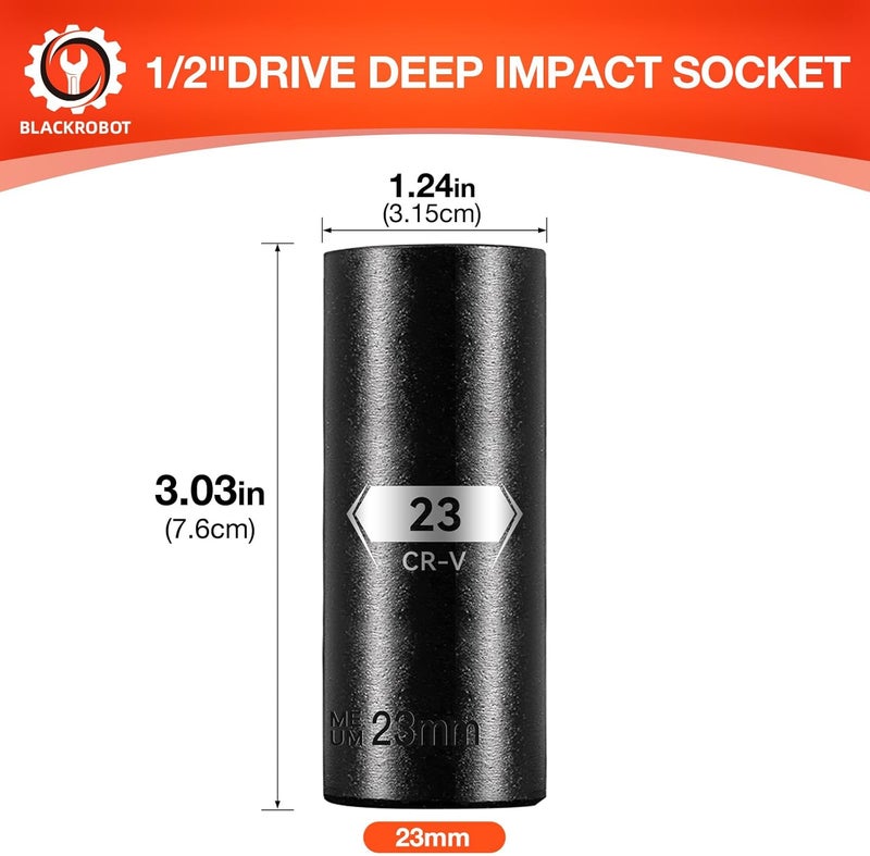 BLACKROBOT 1/2 Inch Drive 6-Point Deep Socket, 23mm Deep Impact Socket, CR-V Steel - Image 1